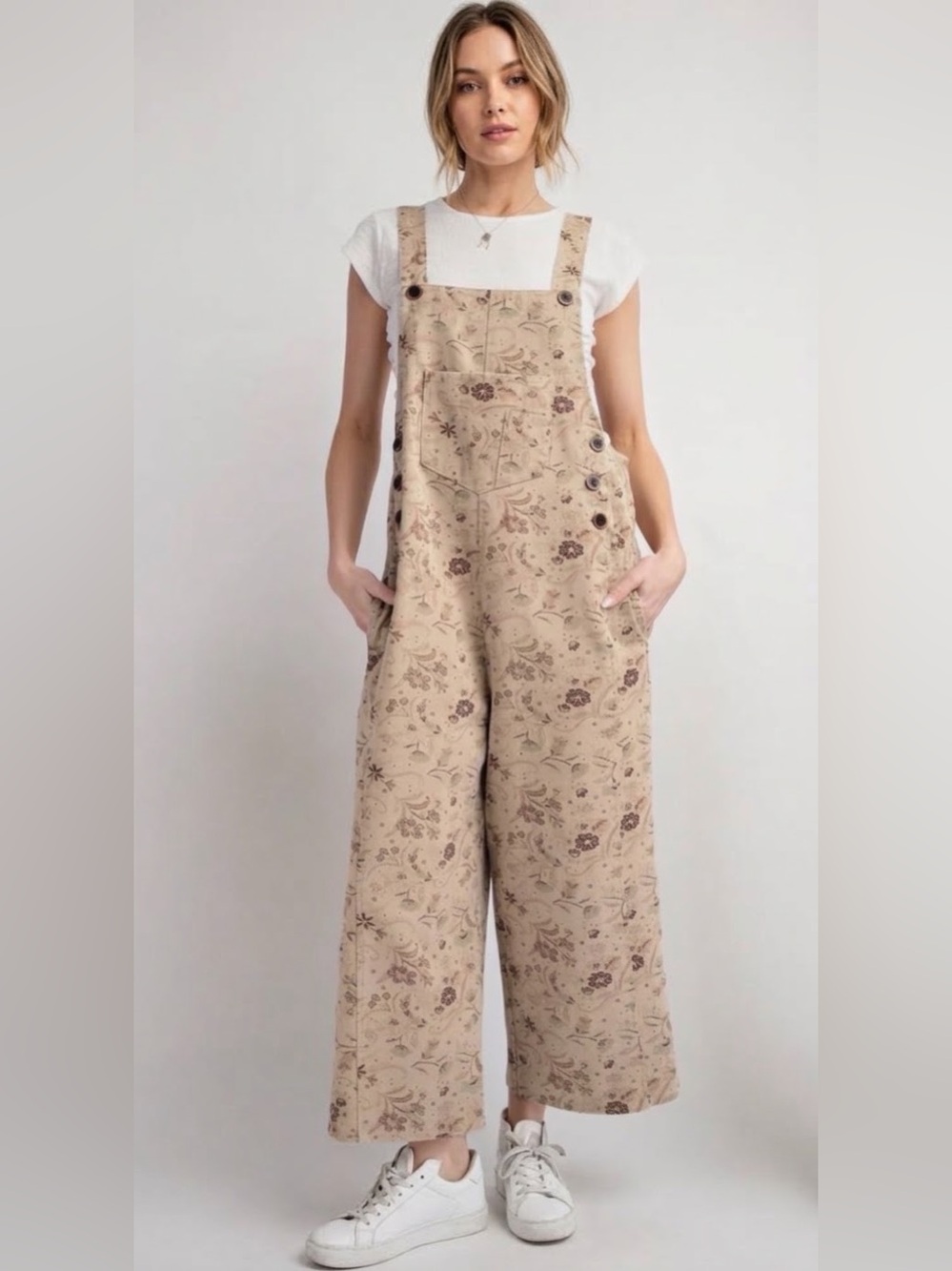 EASEL BEIGE FLORAL WIDE LEG OVERALLS size S